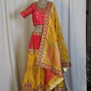 Strawberry Pink and Mustard Yellow Lehenga